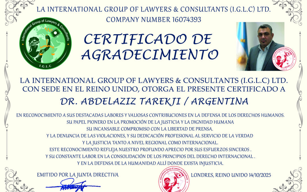 Nuevo reconocimiento internacional para el periodista argentino Dr. Abdelaziz Tarekji.