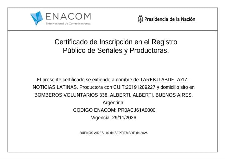 Certificado de inscripción de Noticias Latinas ante ENACOM